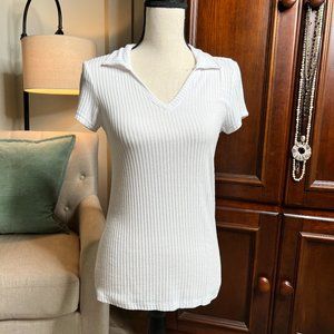 Christian Siriano Ribbed Short Sleeve Collared Top White Size Small